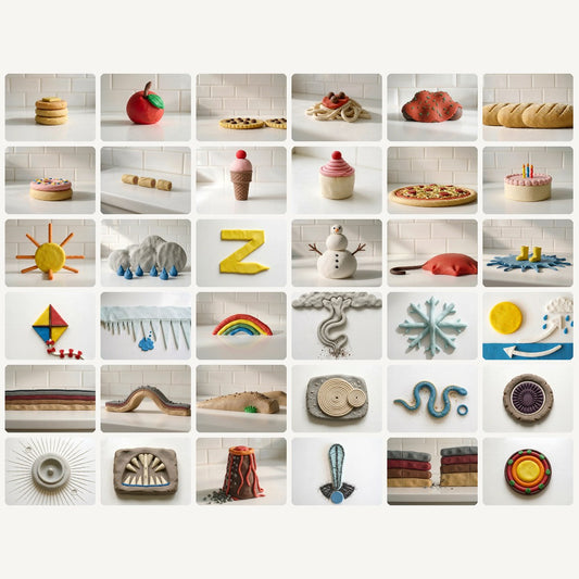 All 36 finished play dough builds from Dough Days, twelve each for ages 3-4, 5-6 and 7-8, including a cupcake, birthday cake, snowman, kite, volcano and cut-open Earth