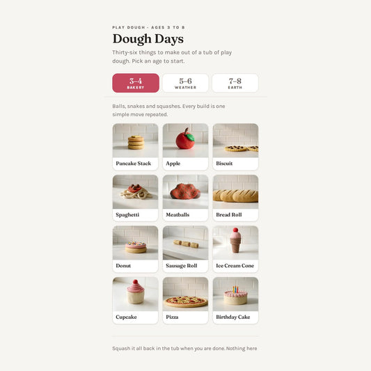 The Dough Days home screen with three age tabs, 3 to 4, 5 to 6 and 7 to 8, showing twelve builds for the selected age